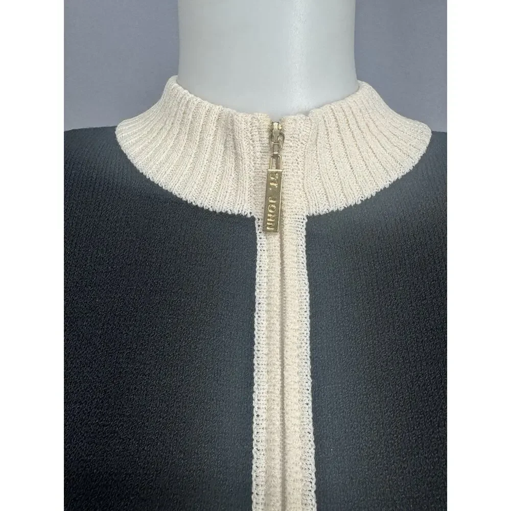 Vintage ST JOHN Cardigan Womens Medium Black Ivory Full Zip Wool Blend - Picture 2 of 12